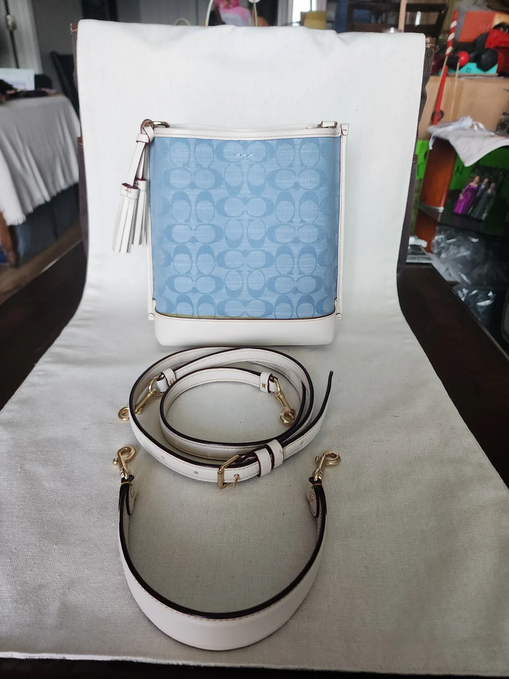 Coach Blue Signature Mollie Canvas Bucket Bag with Chalk Leather Trim